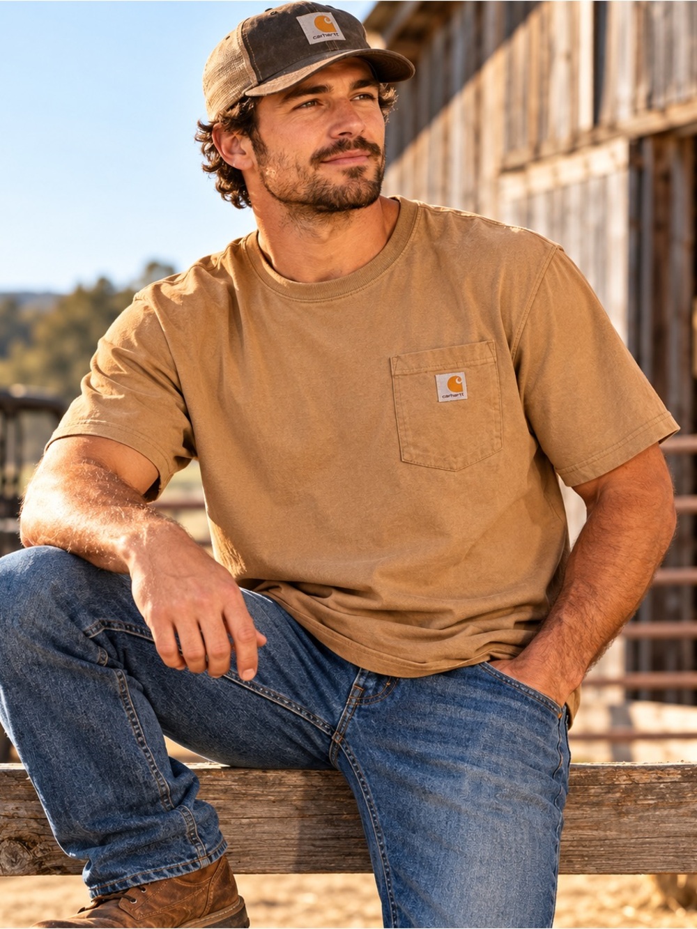 Carhartt K87 Men’s Large Tan Brown Loose Fit Pocket T Shirt Workwear Cotton Tee